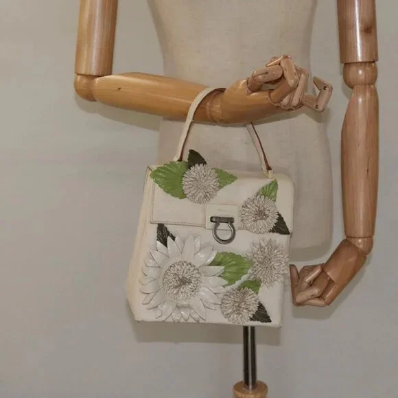 Salvatore Ferragamo Gancini Hand Bag Canvas Cream Silver